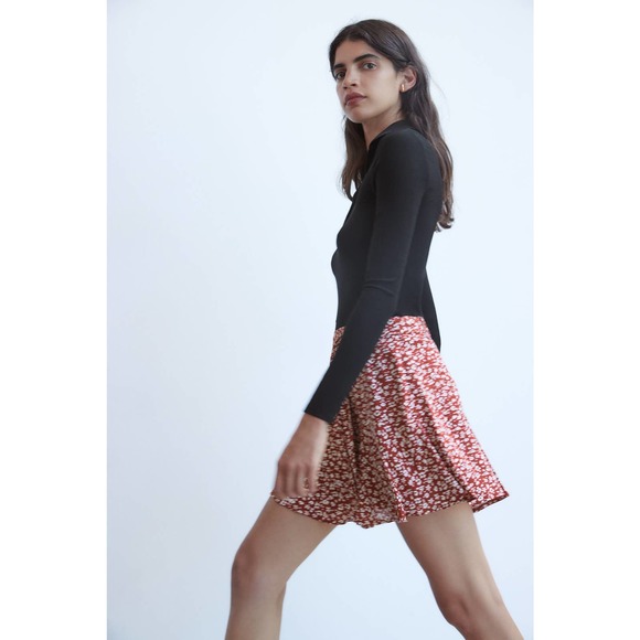 ZARA Printed Bermuda Skort Floral Mini Skirt, Red - Picture 2 of 11